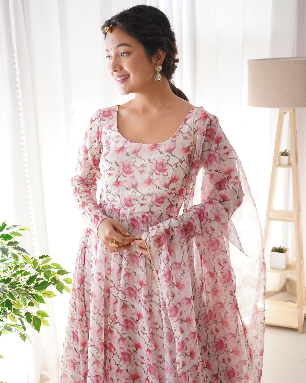White-Pink Organza Floral Anarkali Suit - Shopaholics Choice