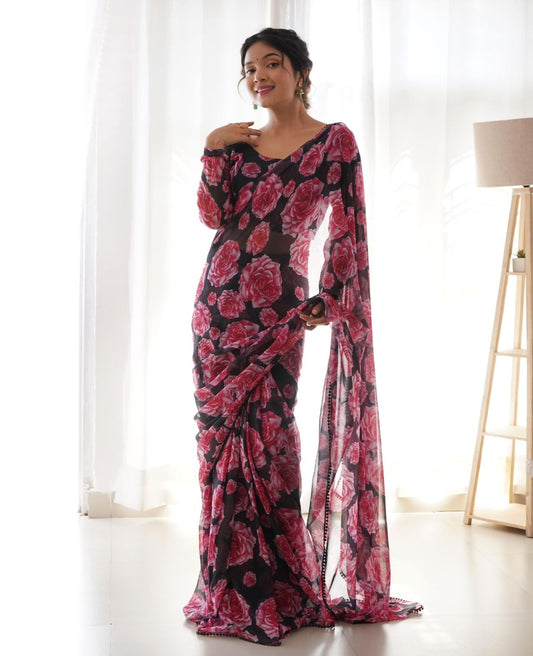 Floral Chiffon Predrapped Saree - Shopaholics Choice