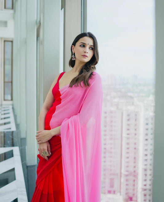Red-Pink Georgette Colorblock Saree - Shopaholics Choice