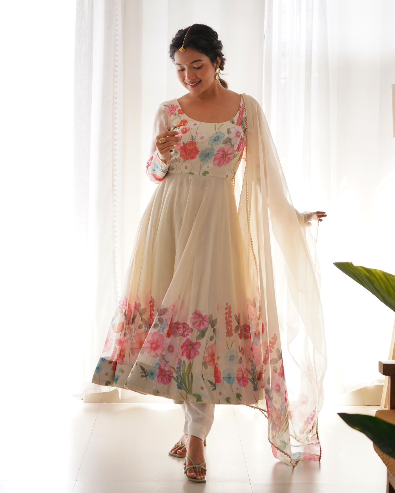 White Soft Organza Floral Anarkali Suit - Shopaholics Choice
