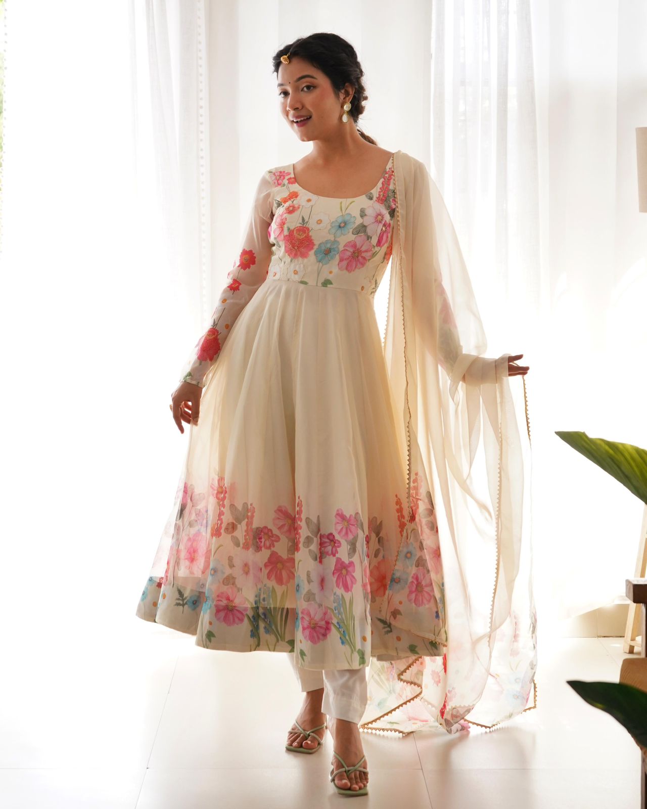 White Soft Organza Floral Anarkali Suit - Shopaholics Choice