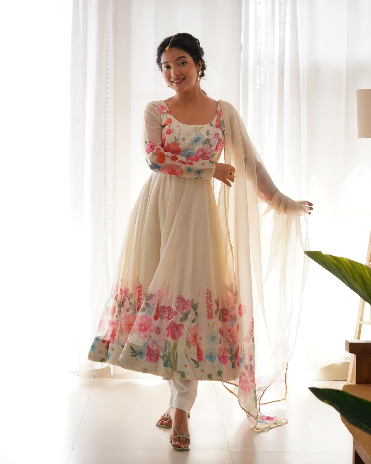 White Soft Organza Floral Anarkali Suit - Shopaholics Choice