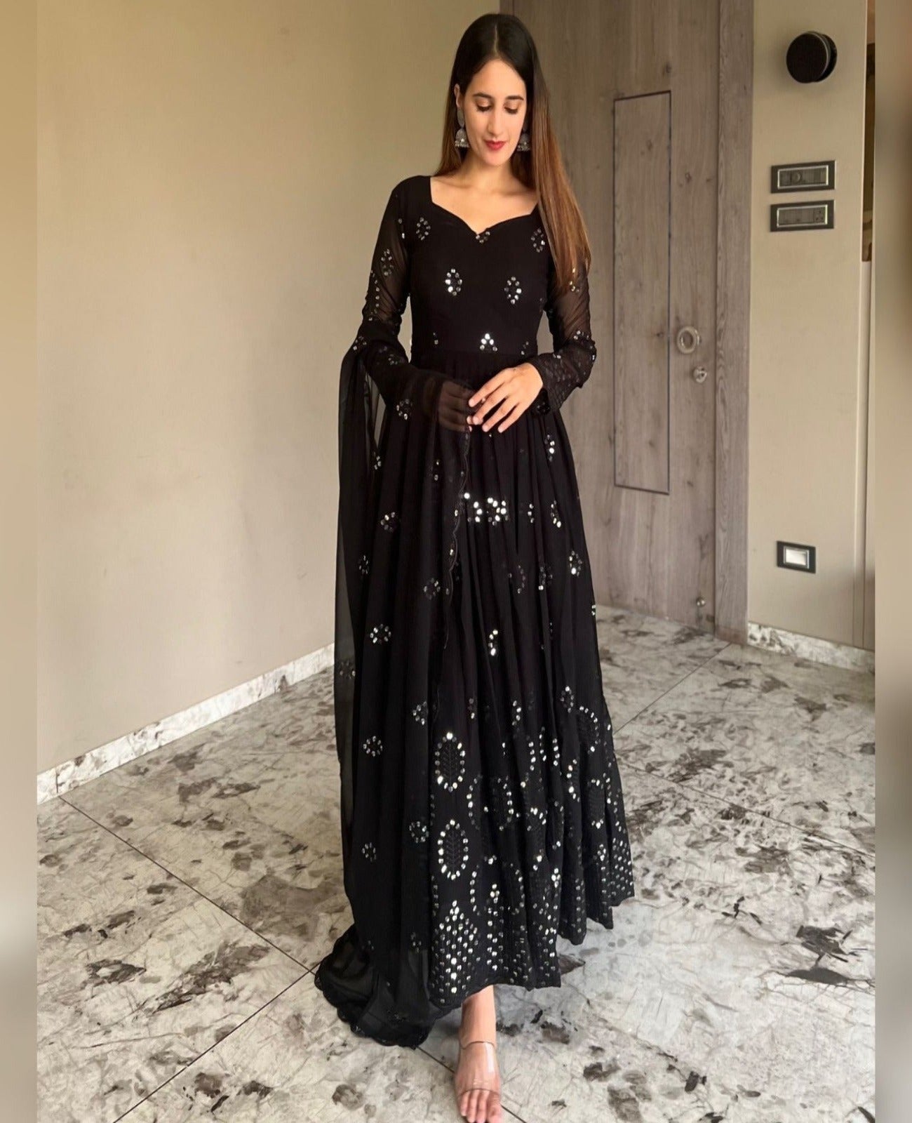 Black Georgette Heavy Sequins Anarkali - Shopaholics Choice