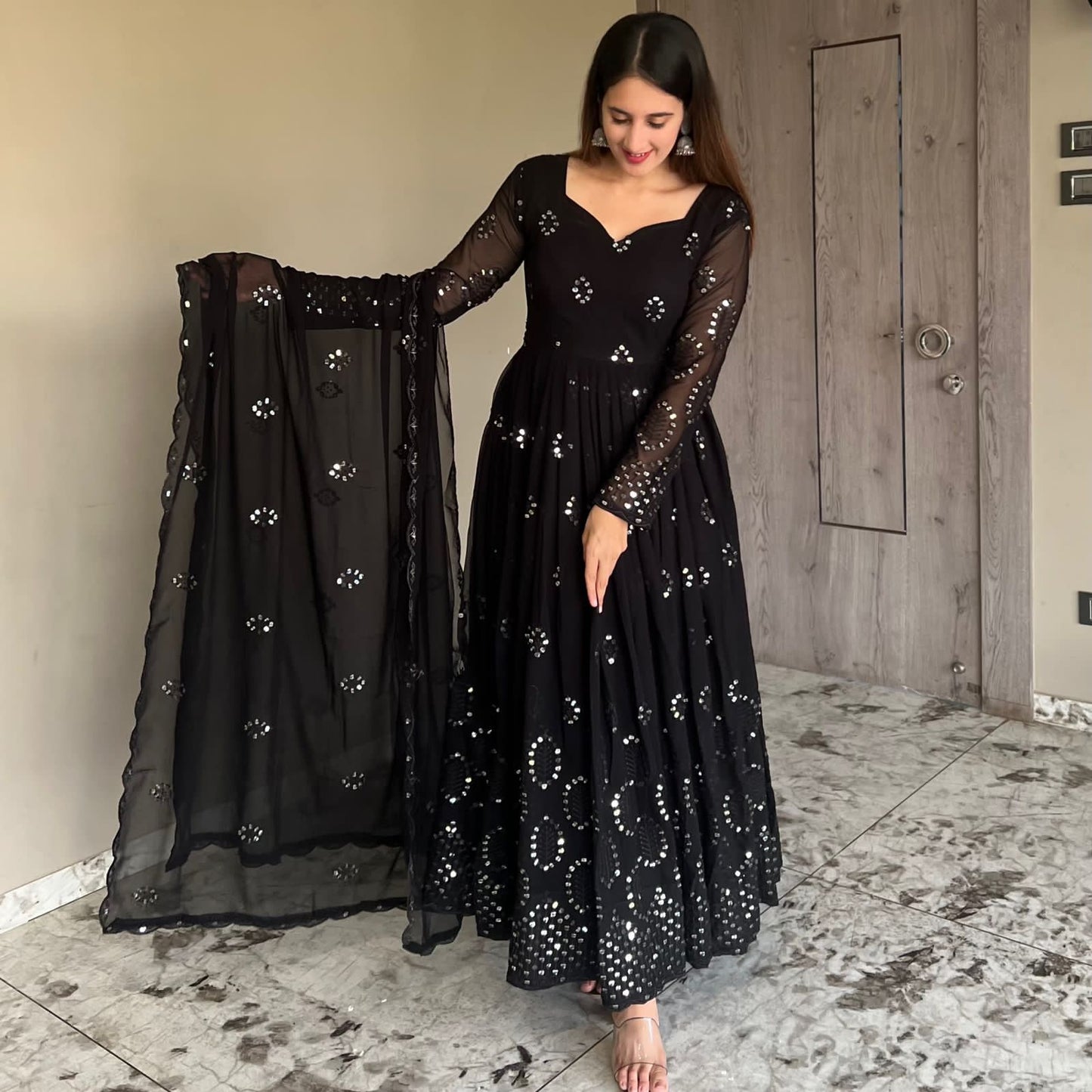 Black Georgette Heavy Sequins Anarkali - Shopaholics Choice