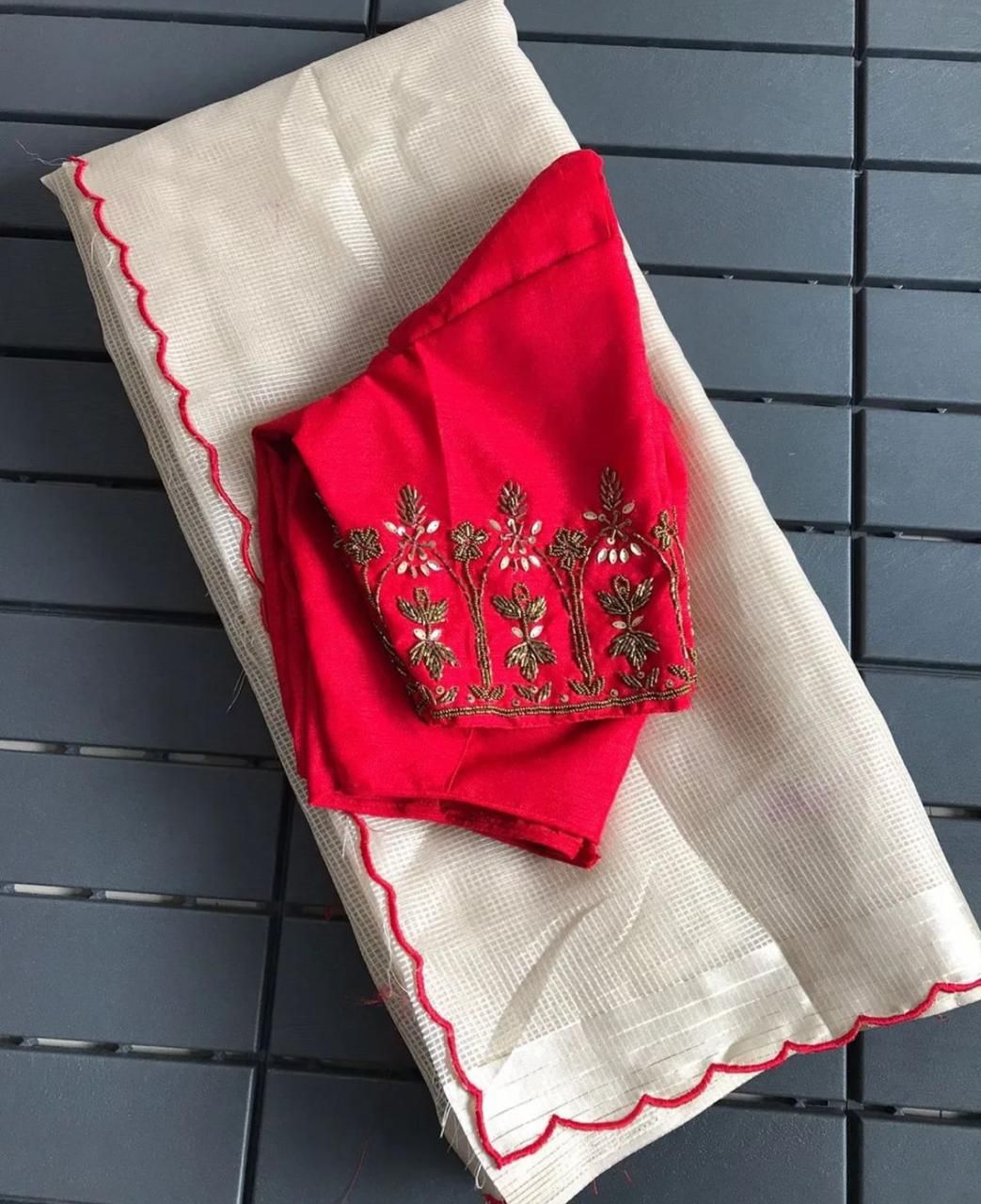 Beige-Red Manipuri Tussar Saree - Shopaholics Choice