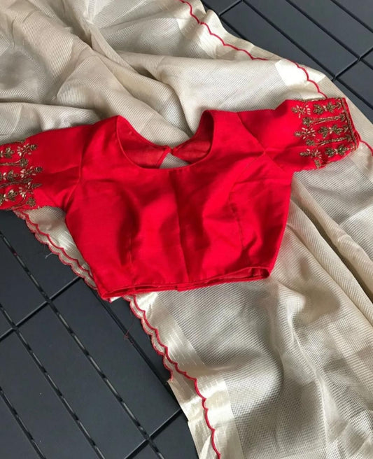 Beige-Red Manipuri Tussar Saree - Shopaholics Choice