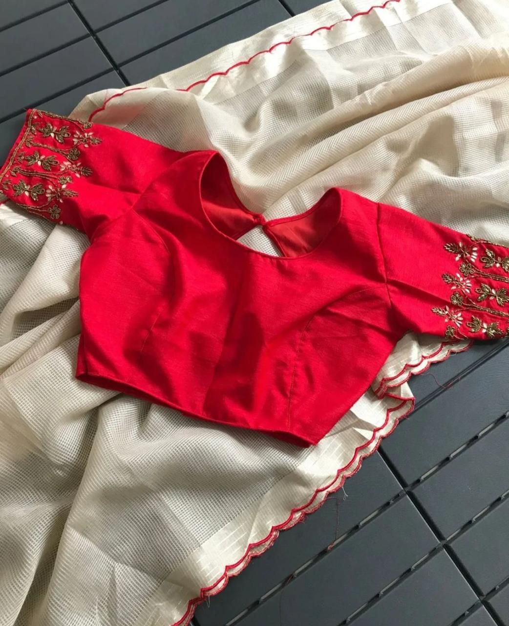 Beige-Red Manipuri Tussar Saree - Shopaholics Choice