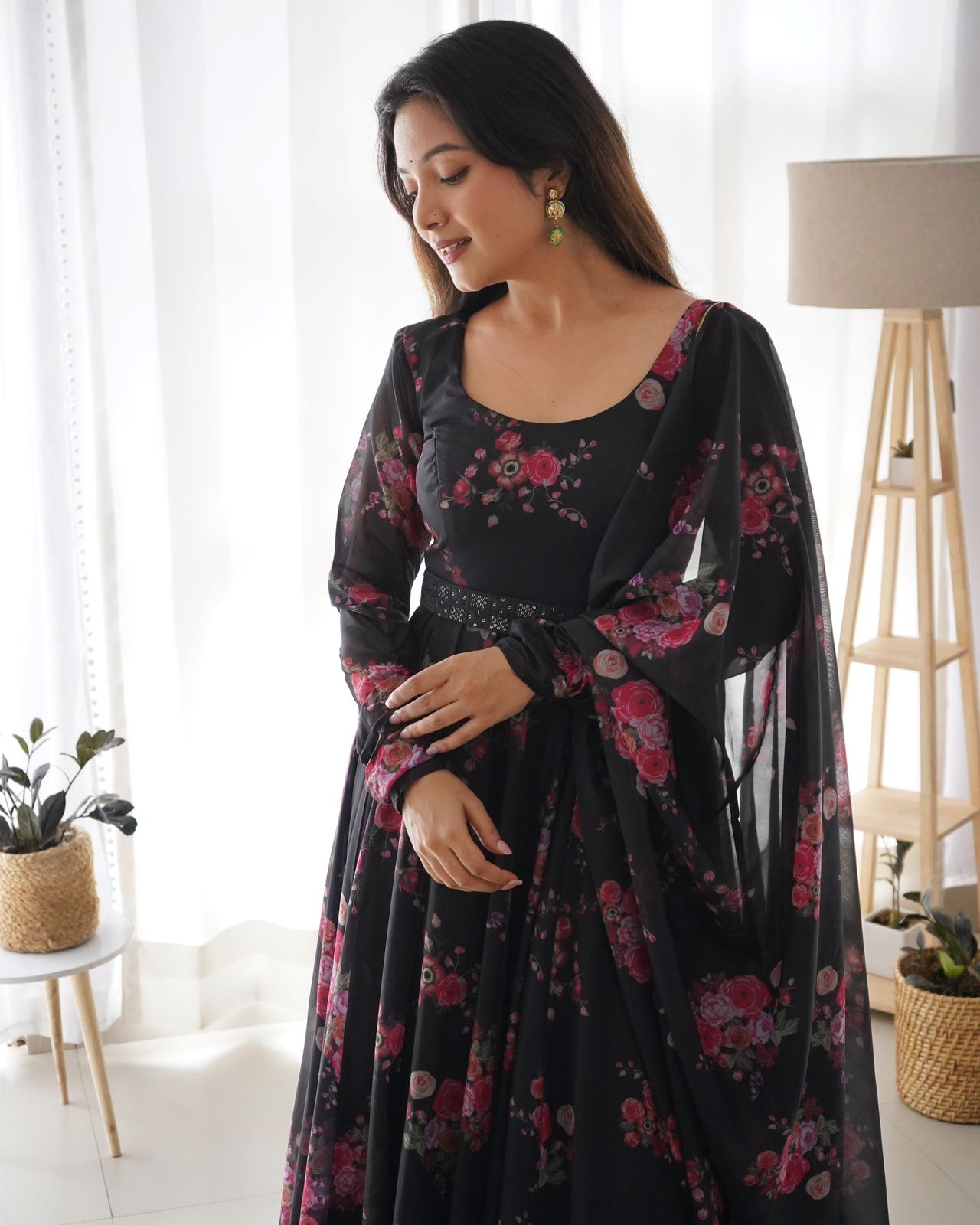 Black Soft Organza Floral Belted Anarkali - Shopaholics Choice
