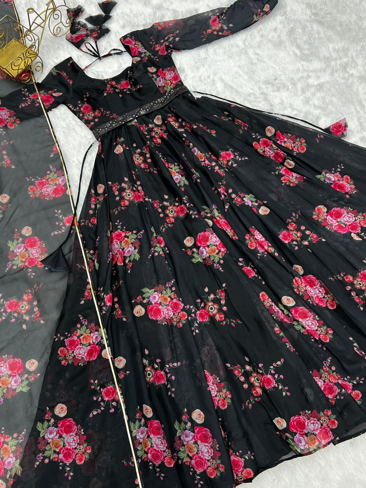 Black Soft Organza Floral Belted Anarkali - Shopaholics Choice