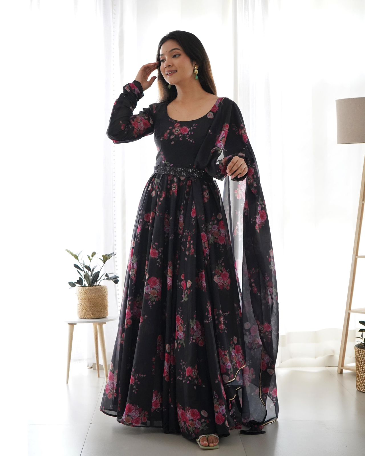 Black Soft Organza Floral Belted Anarkali - Shopaholics Choice