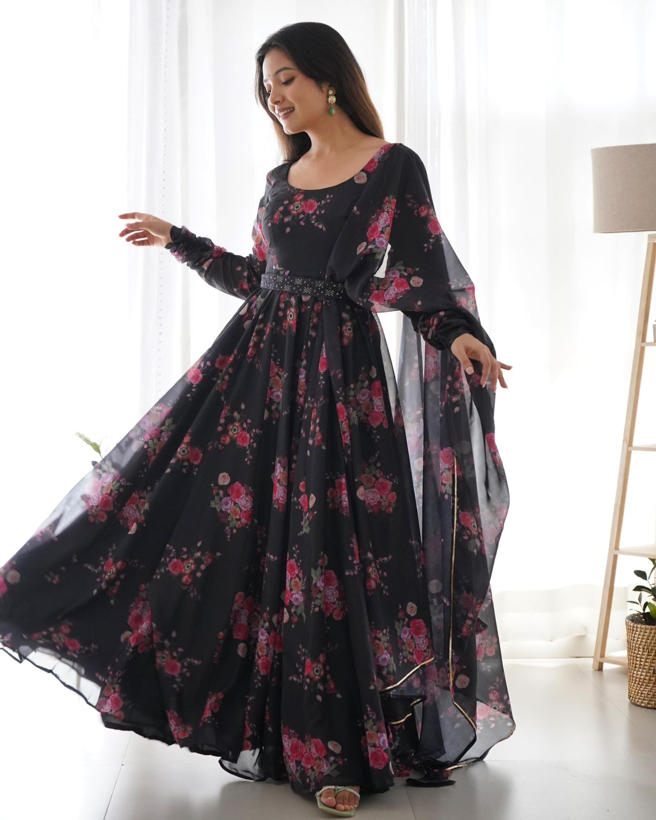 Black Soft Organza Floral Belted Anarkali - Shopaholics Choice