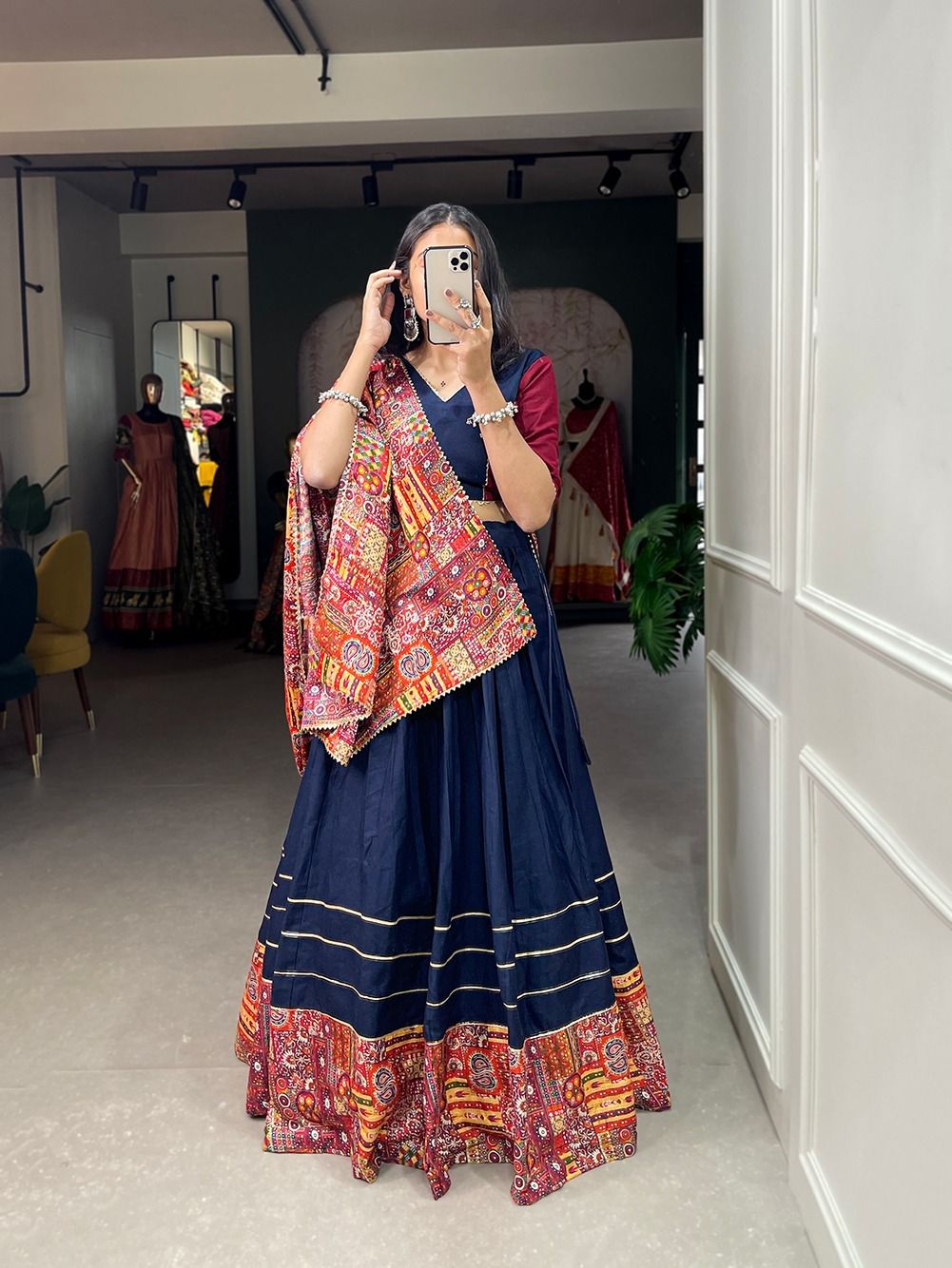 Blue-Red Cotton Navaratri Lehnga - Shopaholics Choice
