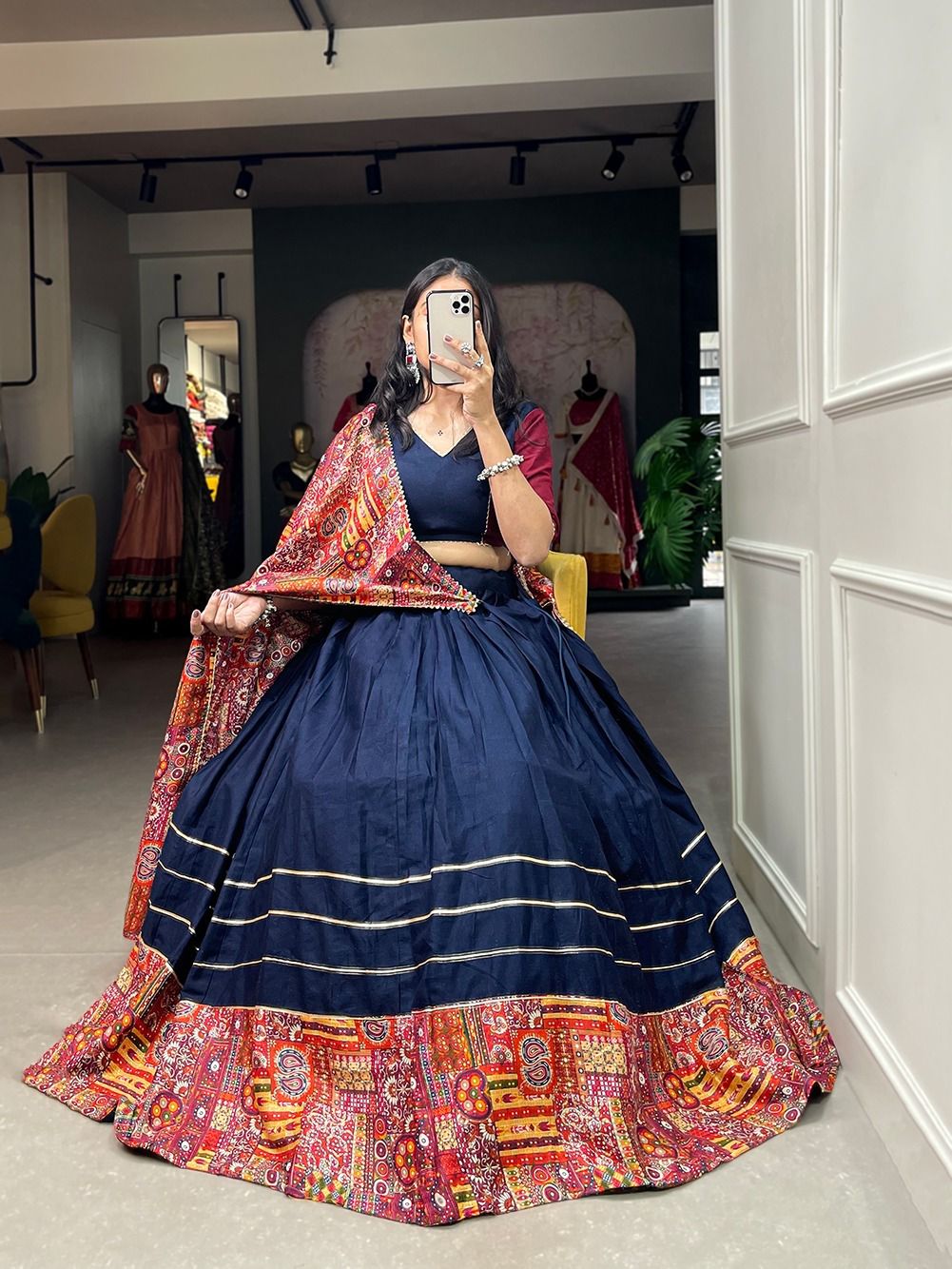 Blue-Red Cotton Navaratri Lehnga - Shopaholics Choice