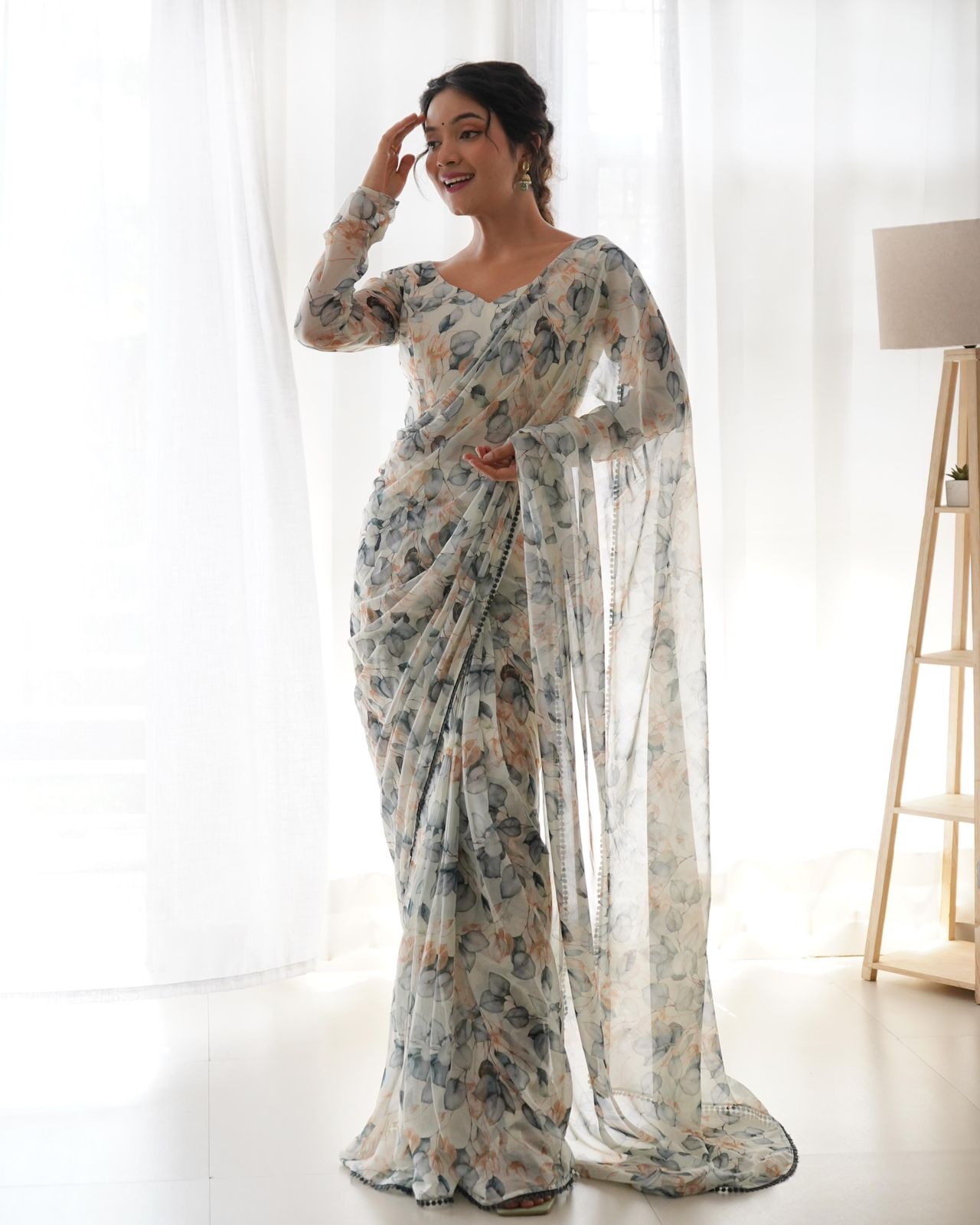 White Chiffon Floral Predrapped Saree - Shopaholics Choice