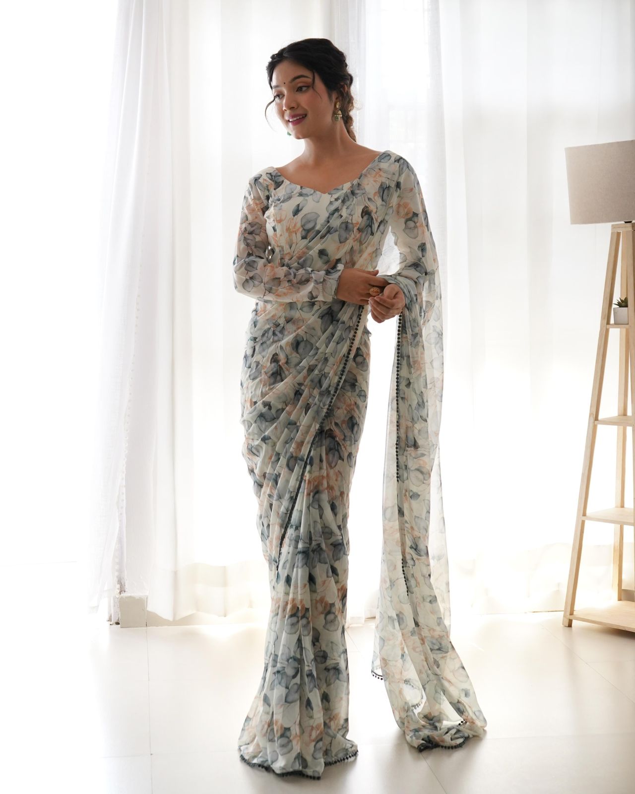 White Chiffon Floral Predrapped Saree - Shopaholics Choice