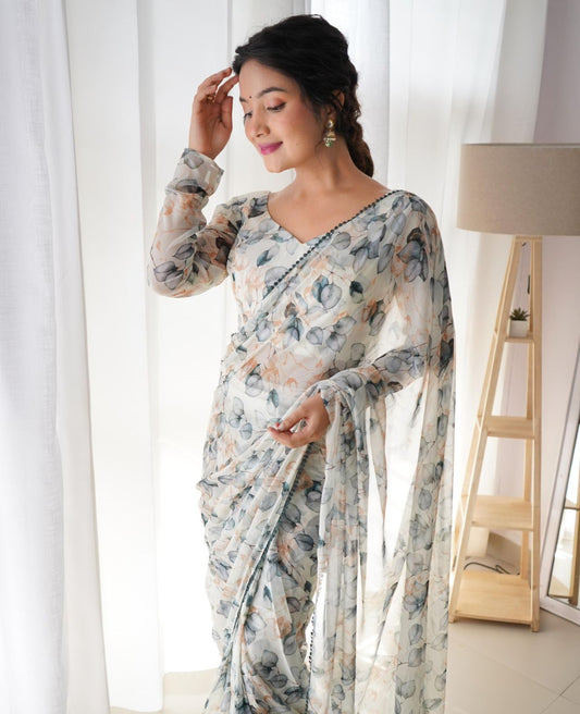 White Chiffon Floral Predrapped Saree - Shopaholics Choice
