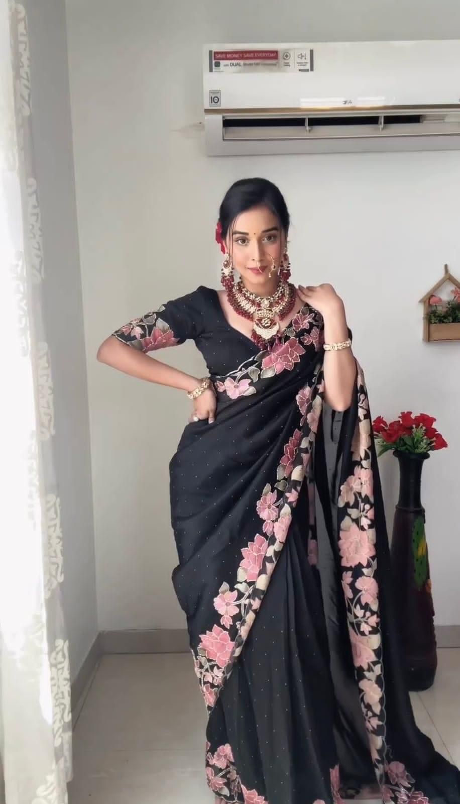 Black Georgette Embroidered Readymade Saree - Shopaholics Choice