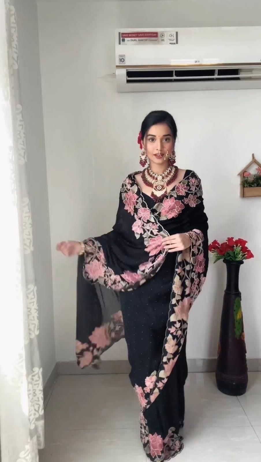 Black Georgette Embroidered Readymade Saree - Shopaholics Choice