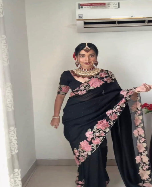 Black Georgette Embroidered Readymade Saree - Shopaholics Choice