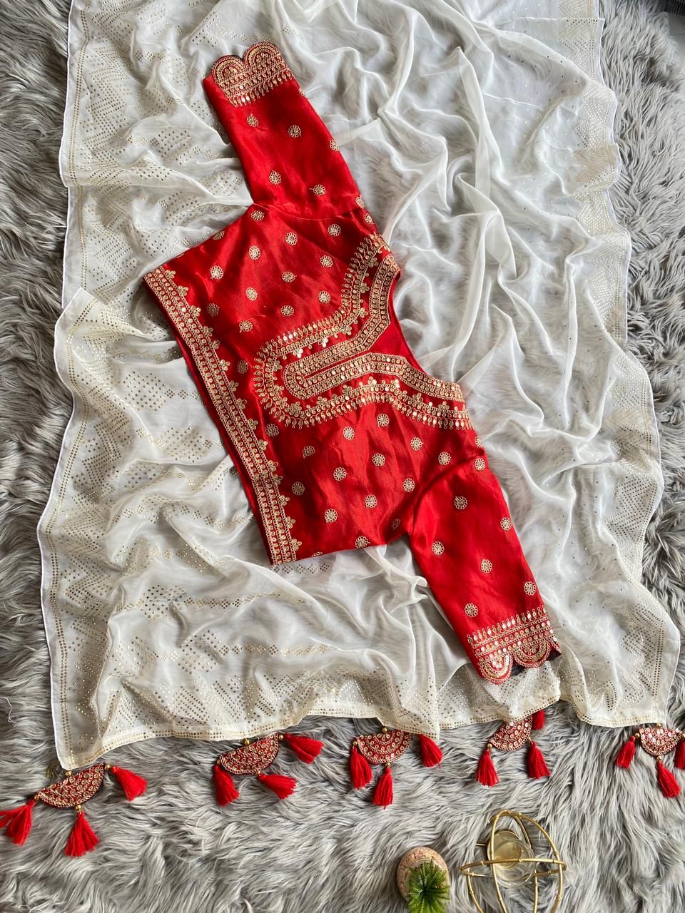 White-Red Organza Mukesh Work Saree - Shopaholics Choice
