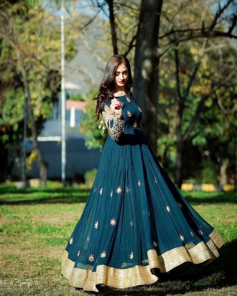 Teal Blue Faux Georgette Embroidery Work Flared Gown - Shopaholics Choice