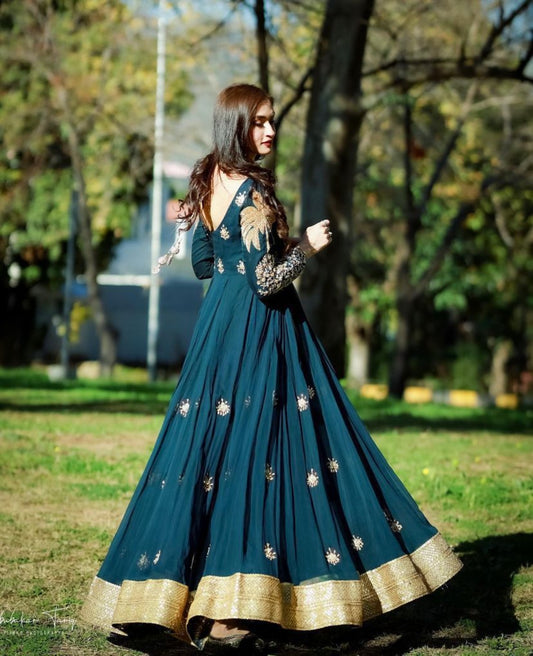 Teal Blue Faux Georgette Embroidery Work Flared Gown - Shopaholics Choice