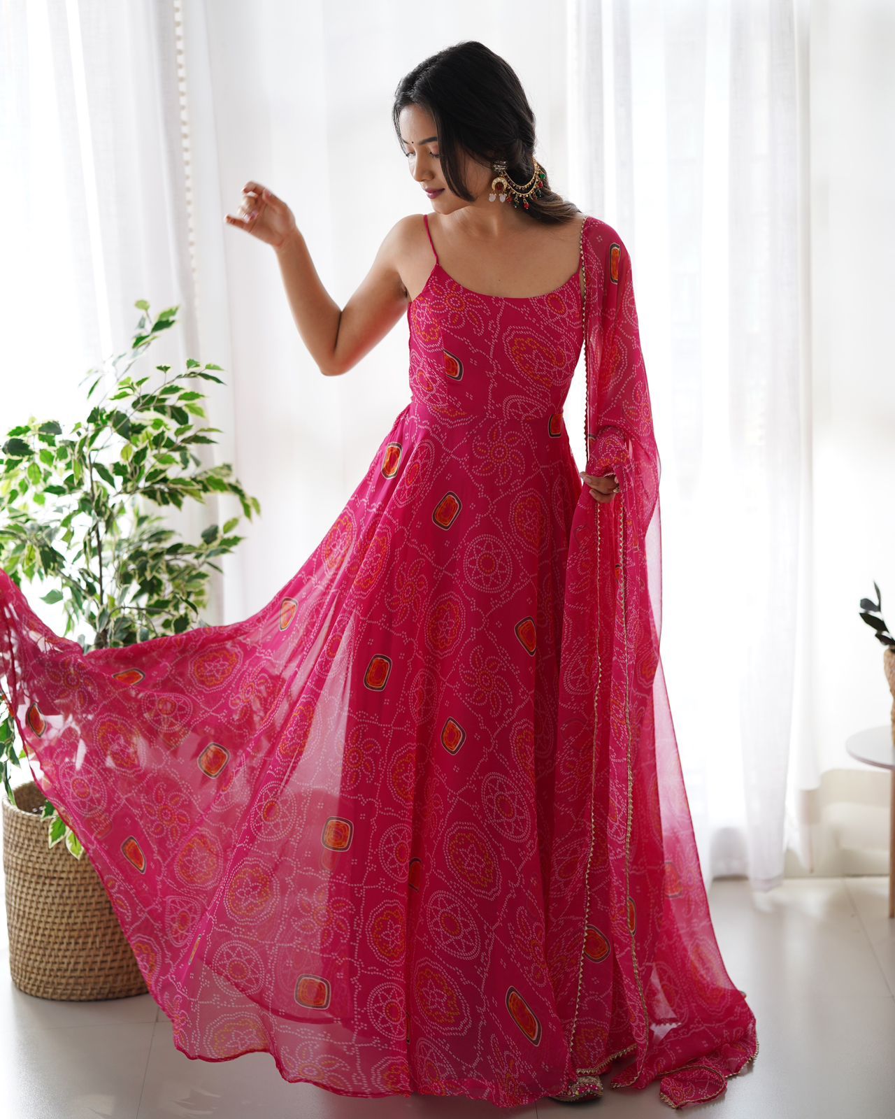 DarkPink Chiffon Bandhej Anarkali Suit - Shopaholics Choice