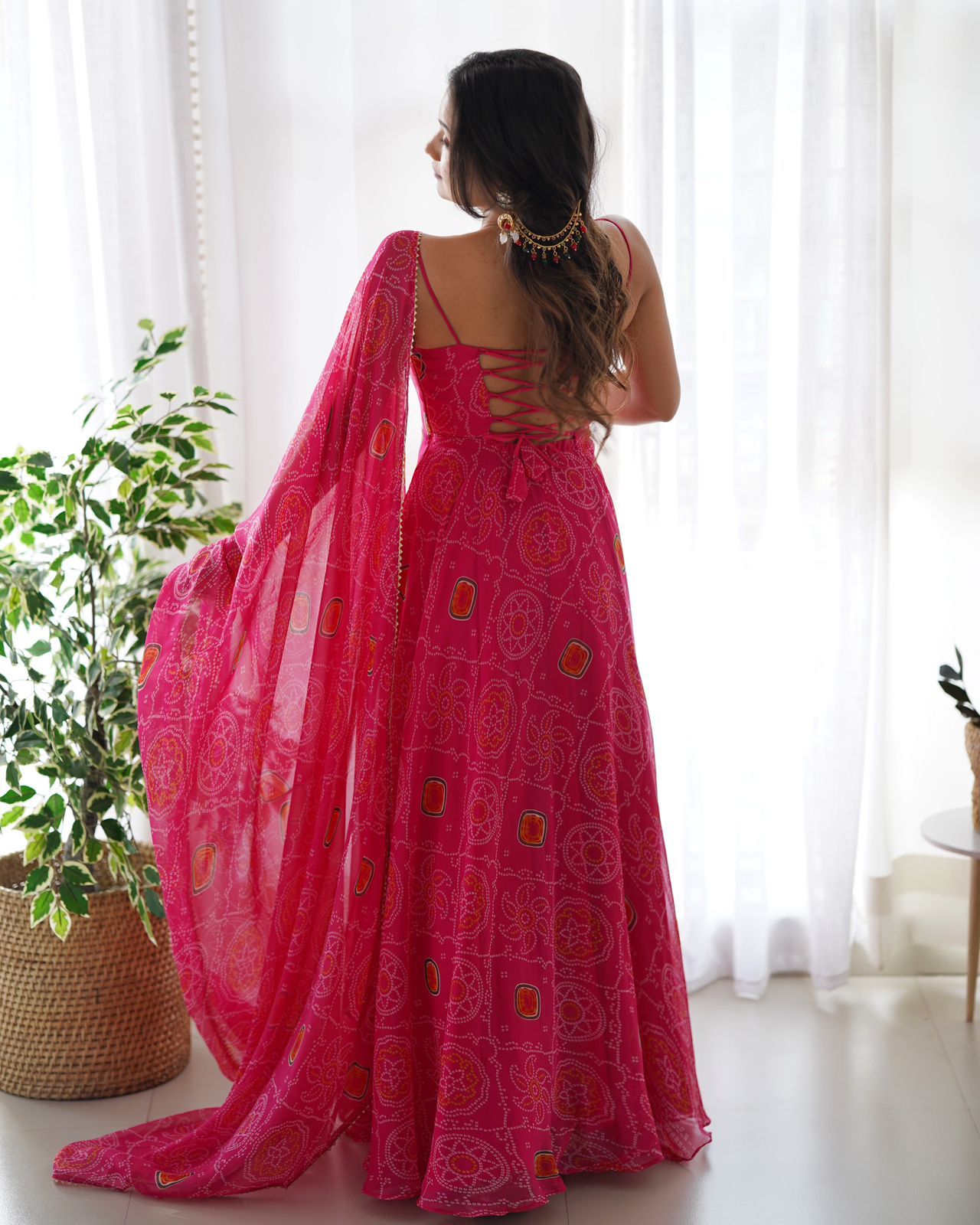 DarkPink Chiffon Bandhej Anarkali Suit - Shopaholics Choice