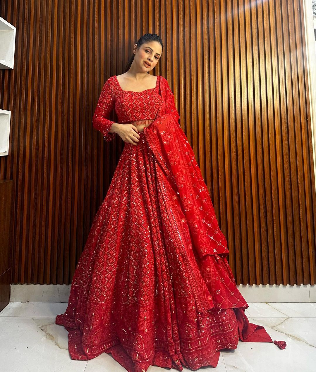 Red Semi Bridal Faux Georgette Heavy Sequins Work Lehnga - Shopaholics Choice