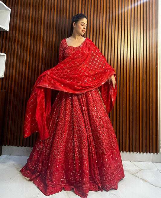 Red Semi Bridal Faux Georgette Heavy Sequins Work Lehnga - Shopaholics Choice