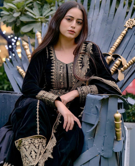 Black Velvet Embroidery Work Suit - Shopaholics Choice