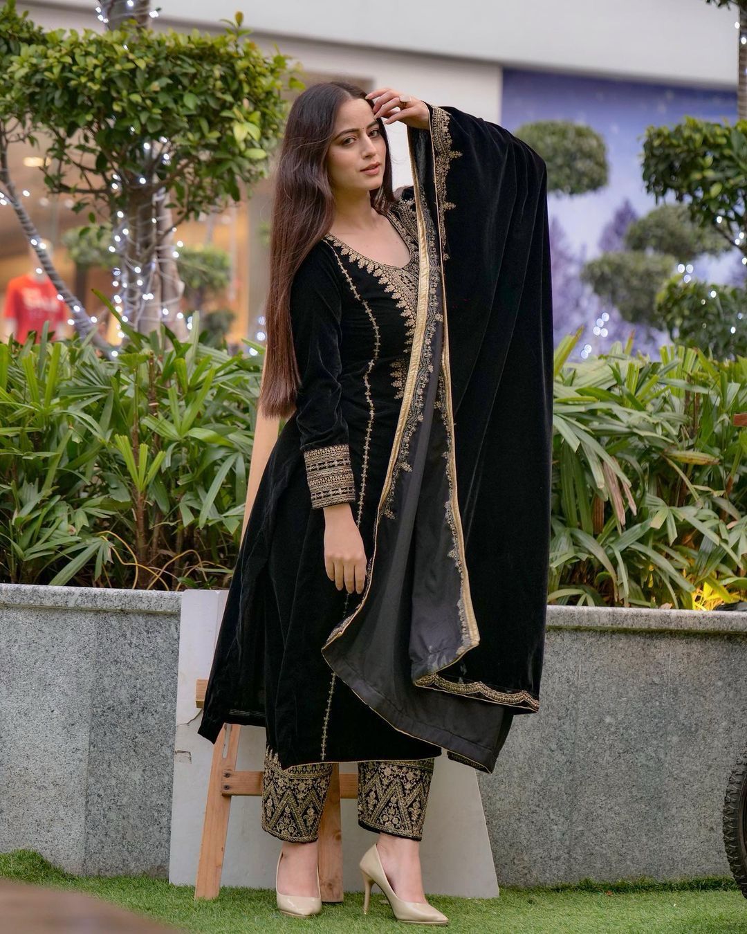 Black Velvet Embroidery Work Suit - Shopaholics Choice
