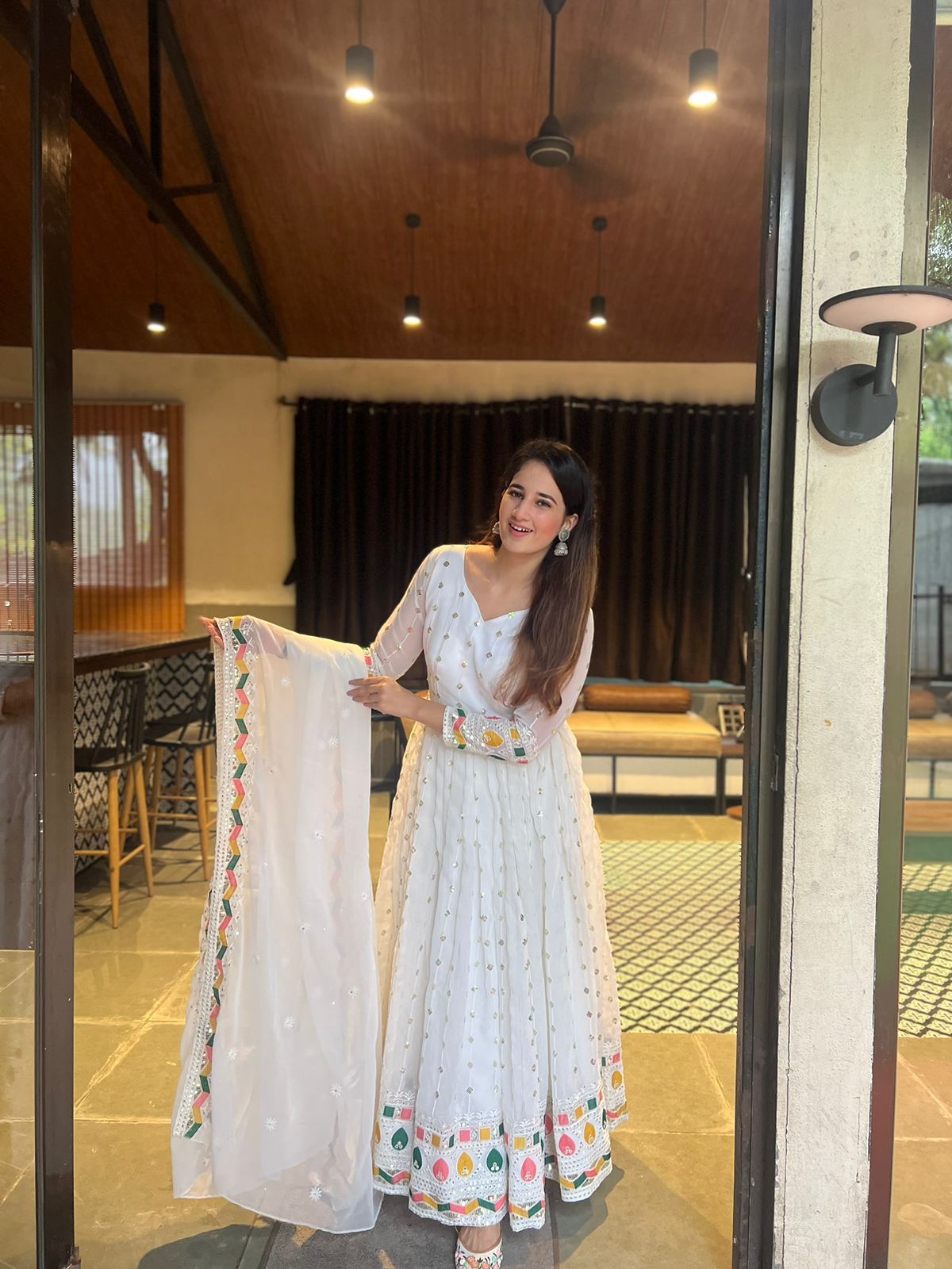 White Georgette Embroidery Work Anarkali - Shopaholics Choice