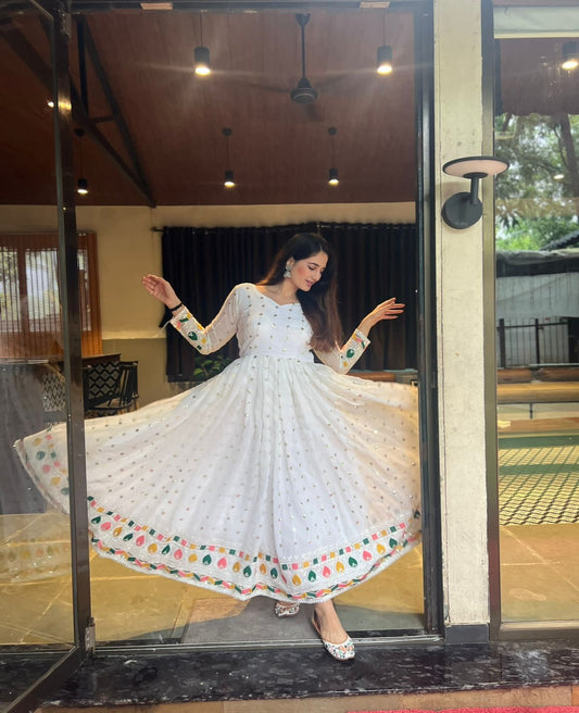 White Georgette Embroidery Work Anarkali - Shopaholics Choice