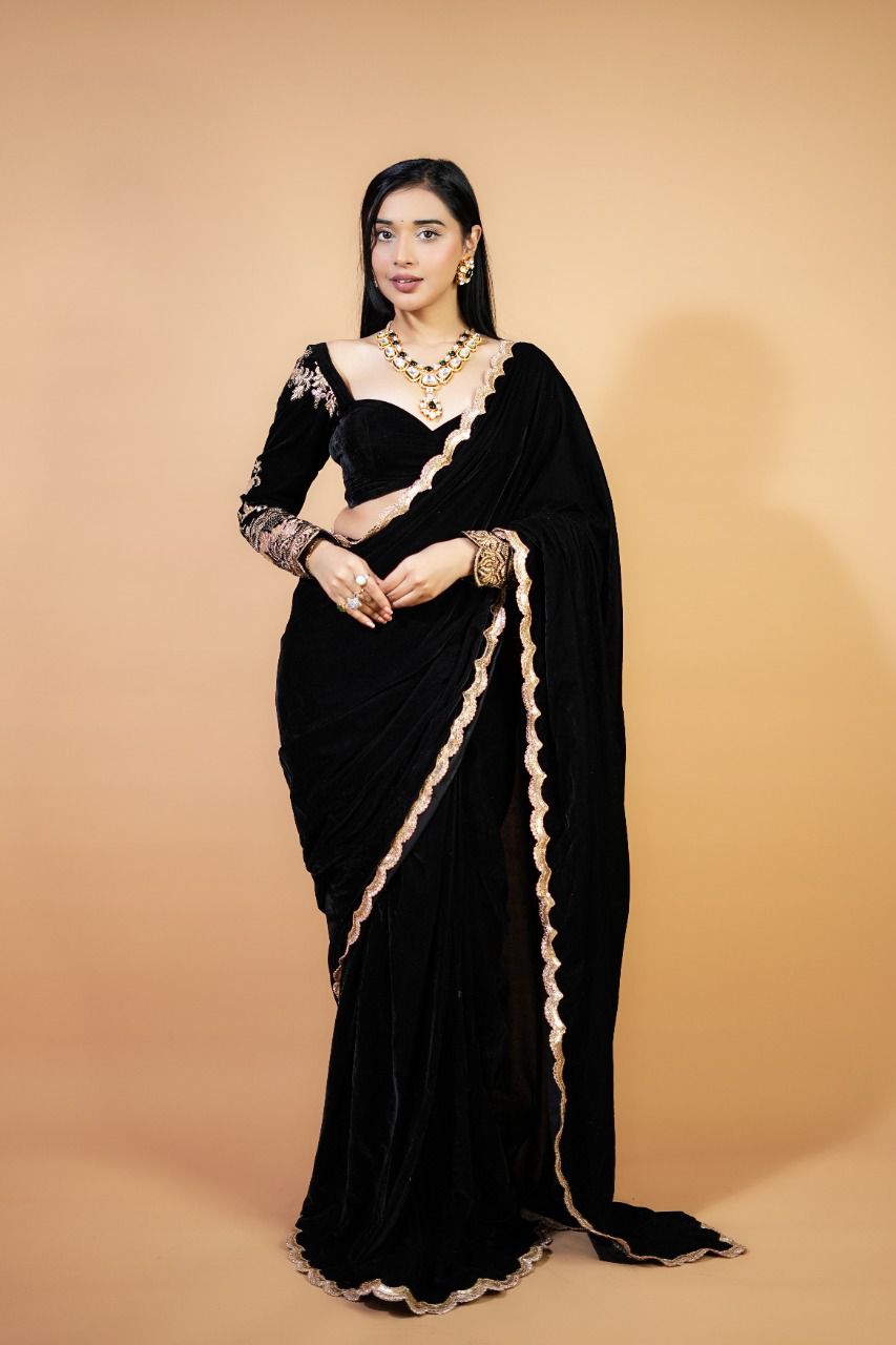 Black Velvet Sequins Predrapped Saree - Shopaholics Choice