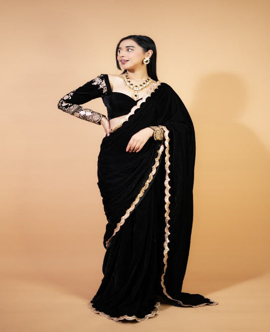 Black Velvet Sequins Predrapped Saree - Shopaholics Choice