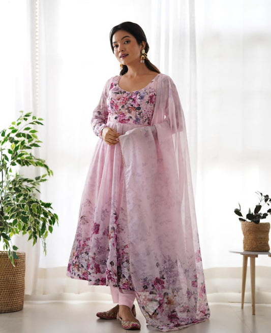 Pink Organza Silk Printed Anarkali Suit - Shopaholics Choice