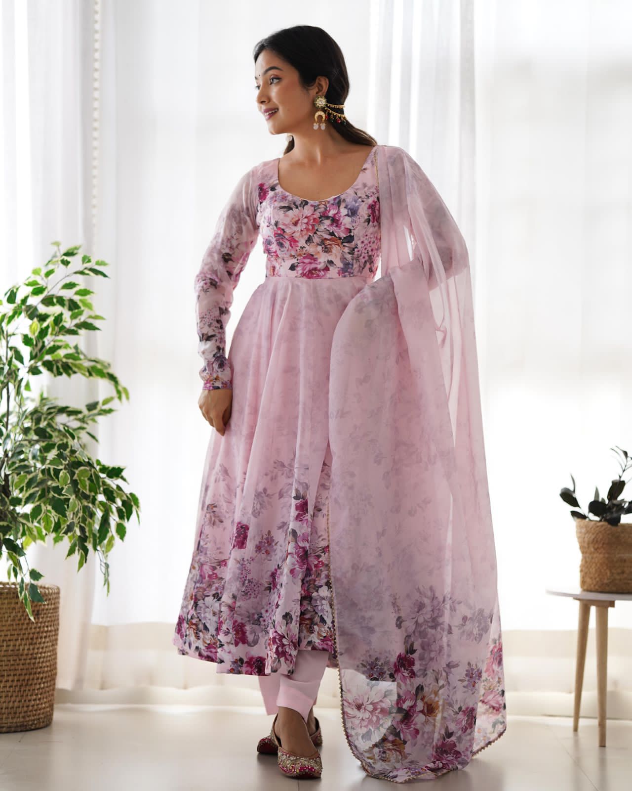 Pink Organza Silk Printed Anarkali Suit - Shopaholics Choice