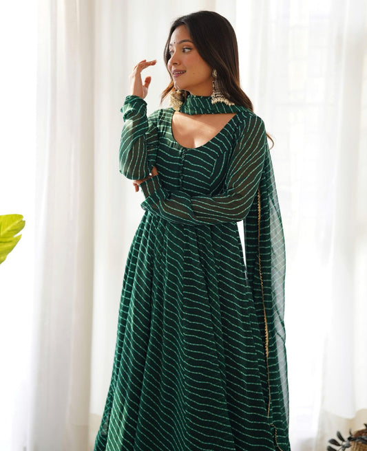 Forest Green Georgette Lehriya Anarkali - Shopaholics Choice