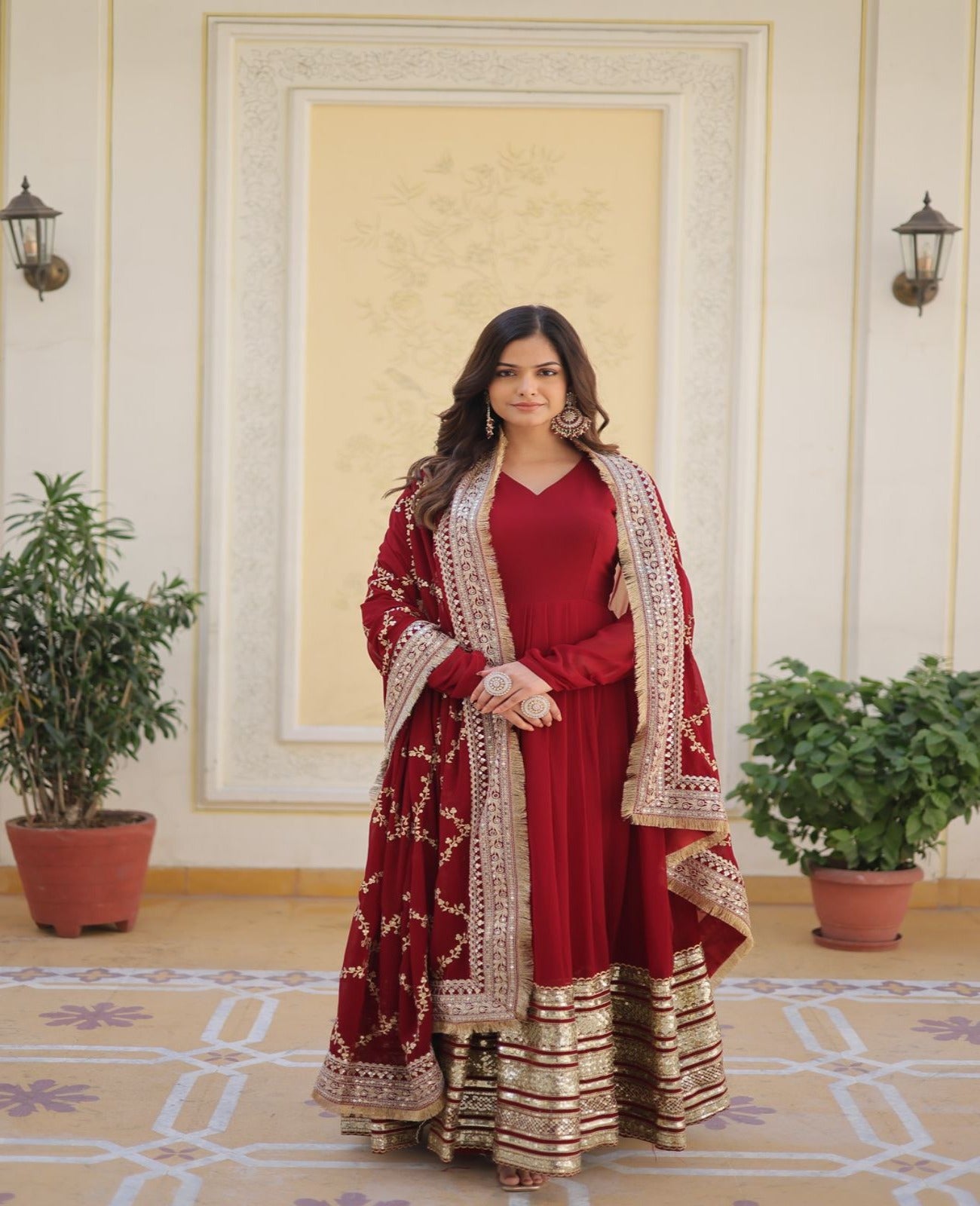 Royal Maroon Faux Blooming Embroidery Work Gown - Shopaholics Choice