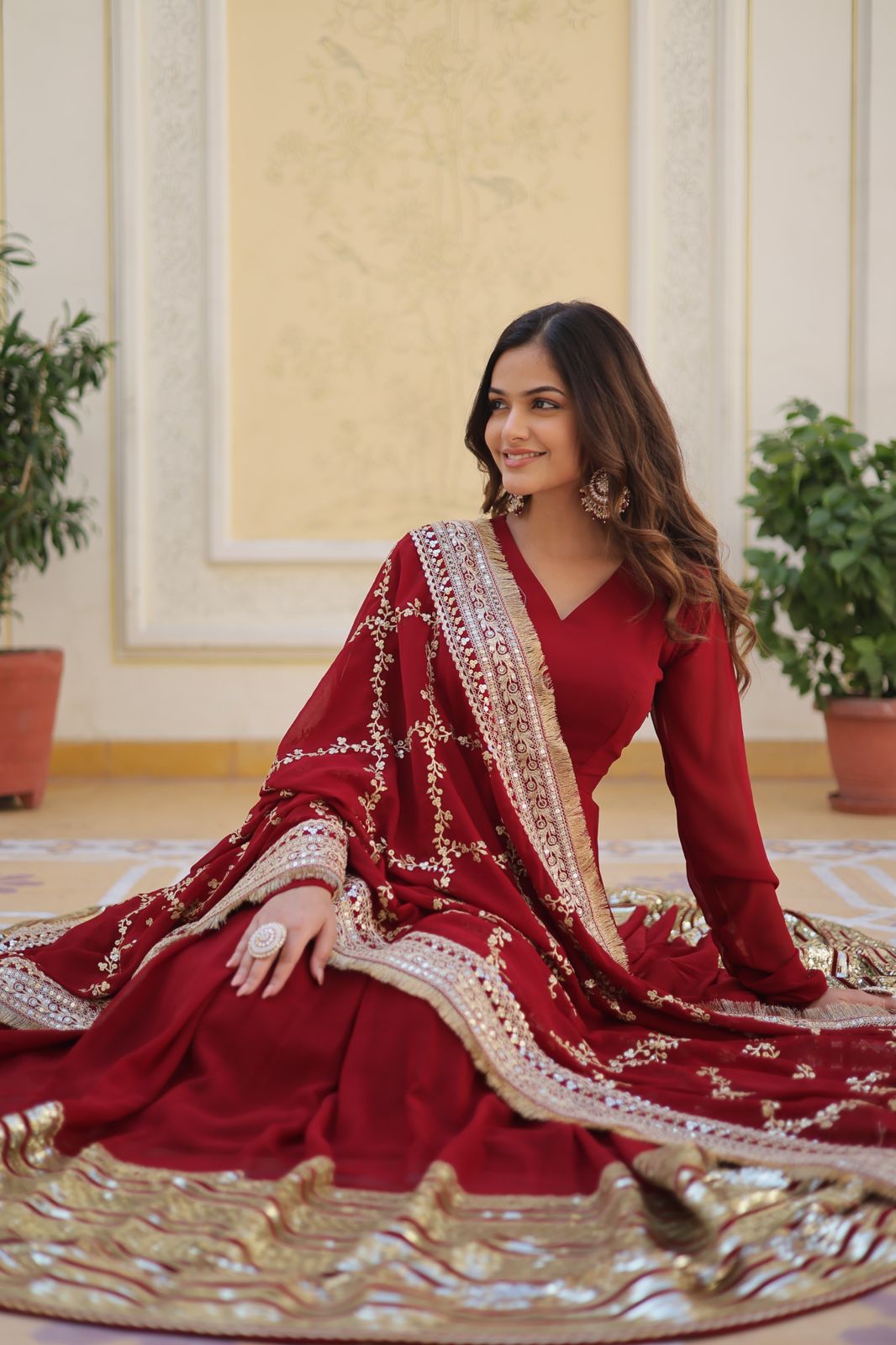 Royal Maroon Faux Blooming Embroidery Work Gown - Shopaholics Choice