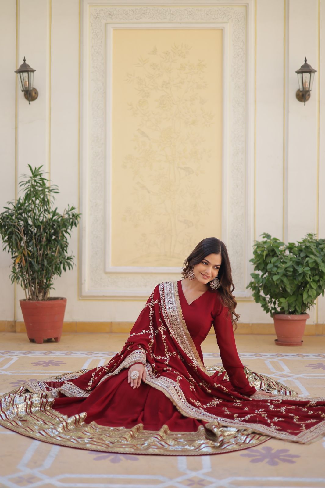 Royal Maroon Faux Blooming Embroidery Work Gown - Shopaholics Choice