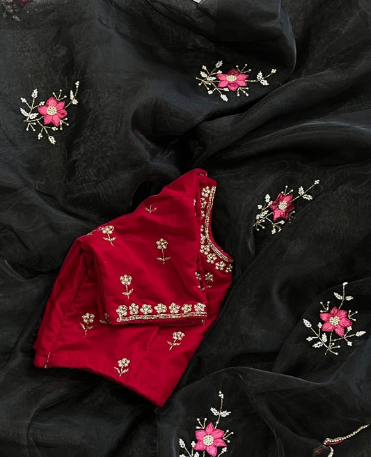 Black Organza Khatli Work Saree - Shopaholics Choice