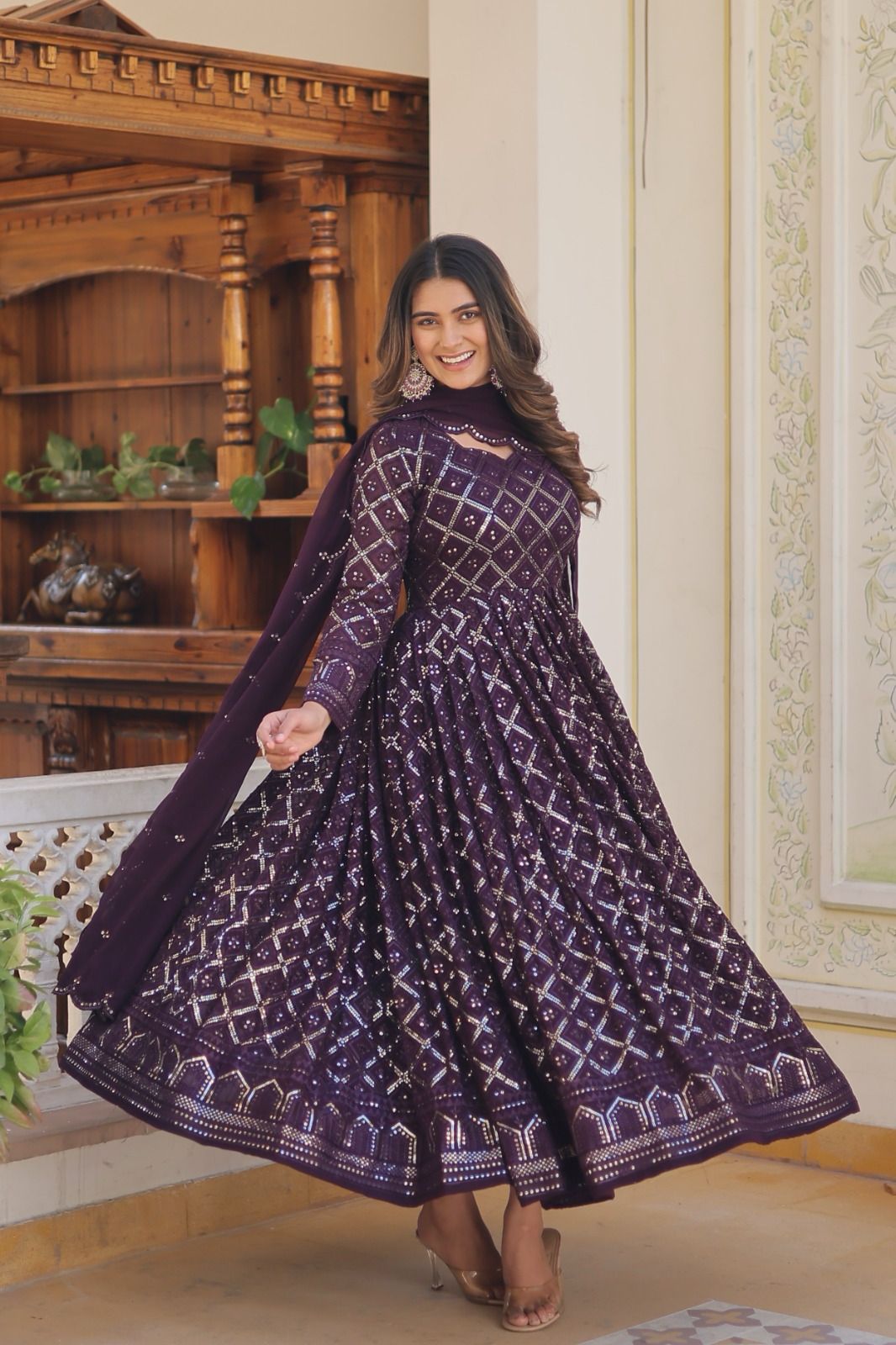 Faux Blooming Heavy Sequins Work Gown - Shopaholics Choice