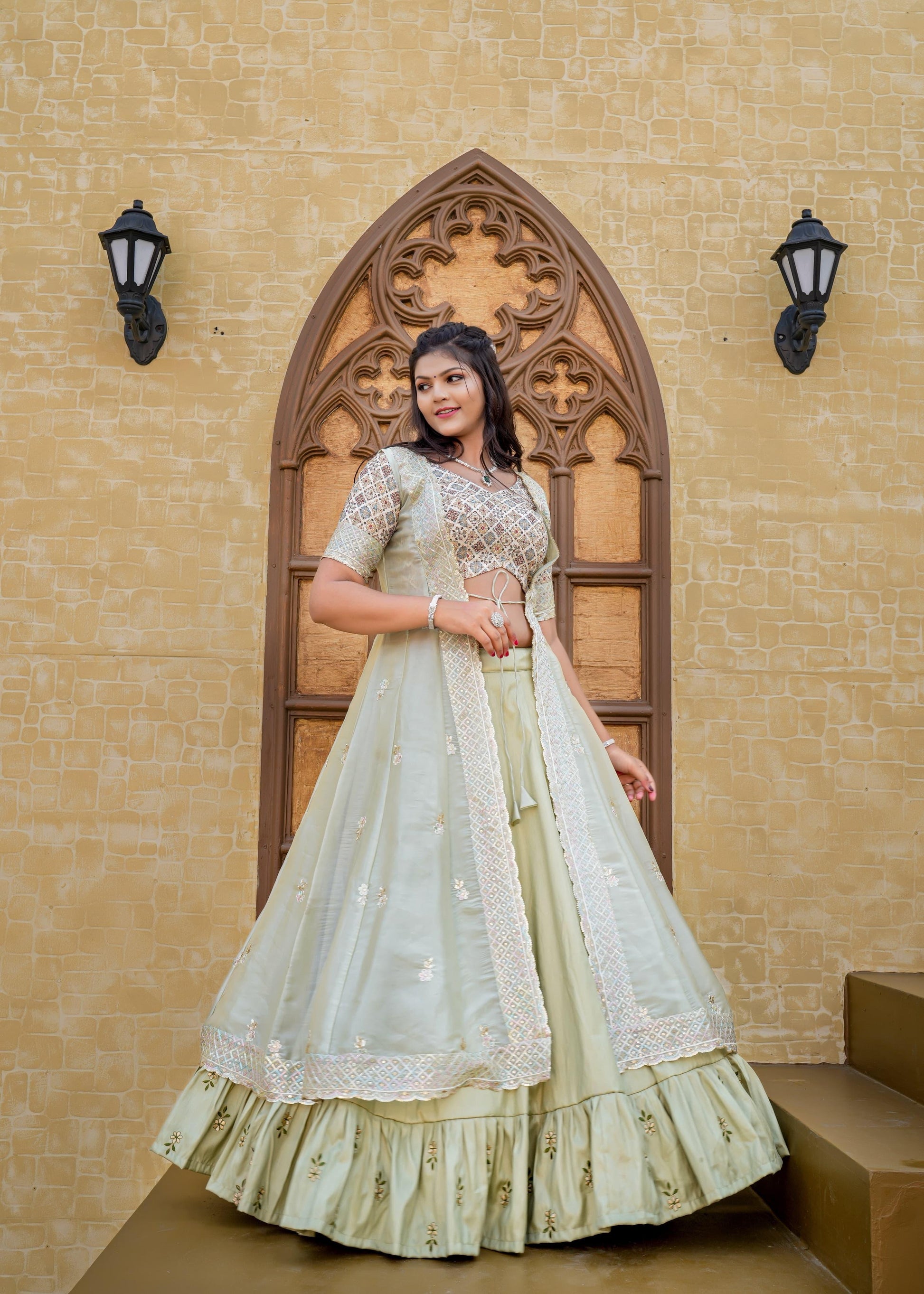 Pista-Pink Hota Silk Embroidery Koti Lehnga - Shopaholics Choice