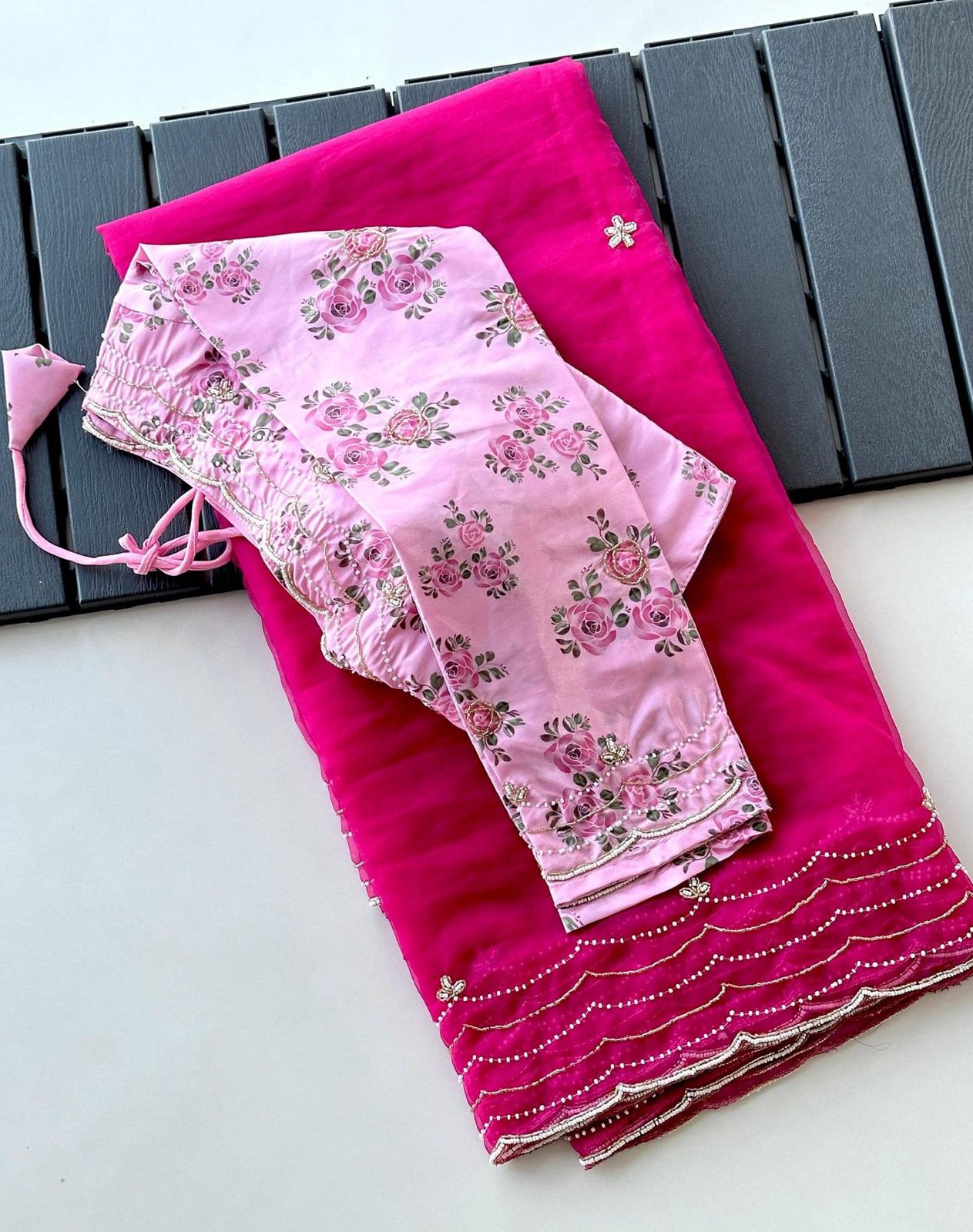 DarkPink Organza Hand Crafted Saree - Shopaholics Choice