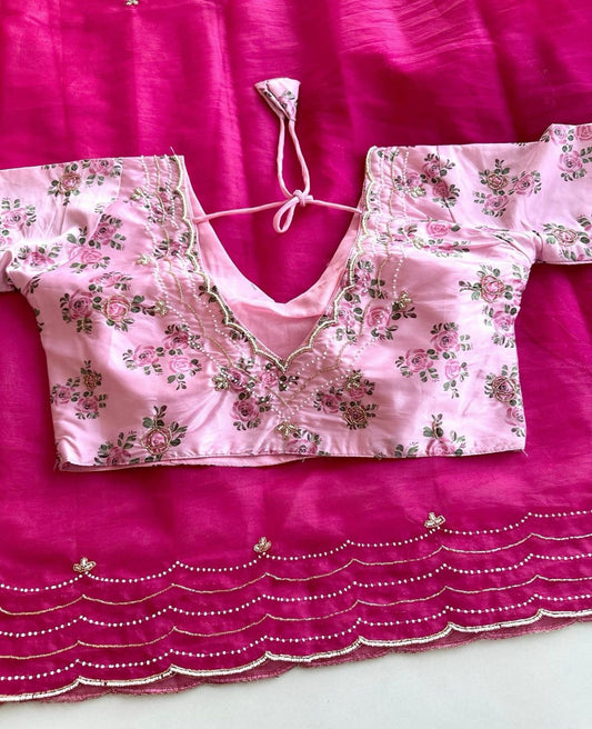 DarkPink Organza Hand Crafted Saree - Shopaholics Choice