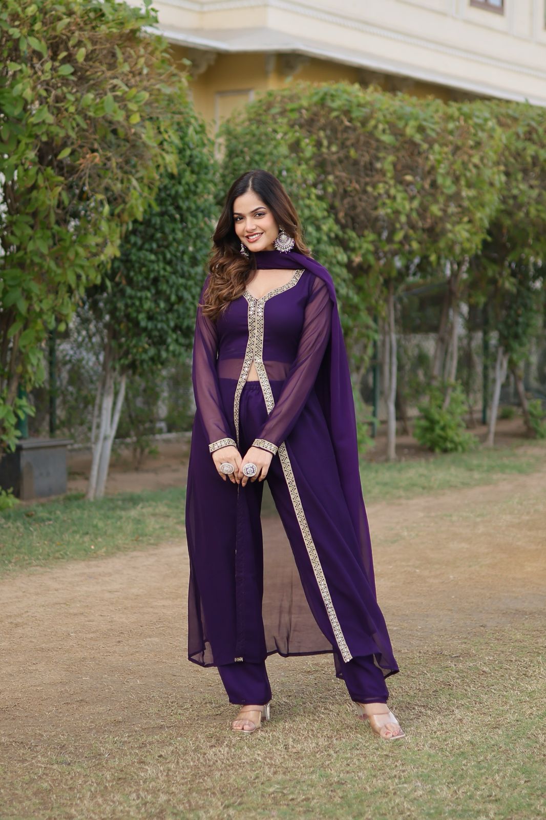 Faux Blooming Embroidery Work Front Slit Suit - Shopaholics Choice