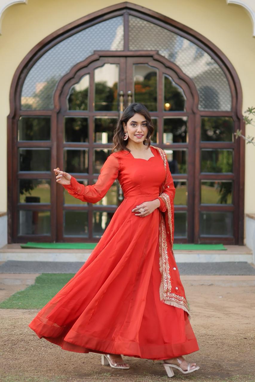 Solidcolour Russian Silk Kali Work Anarkali Gown - Shopaholics Choice