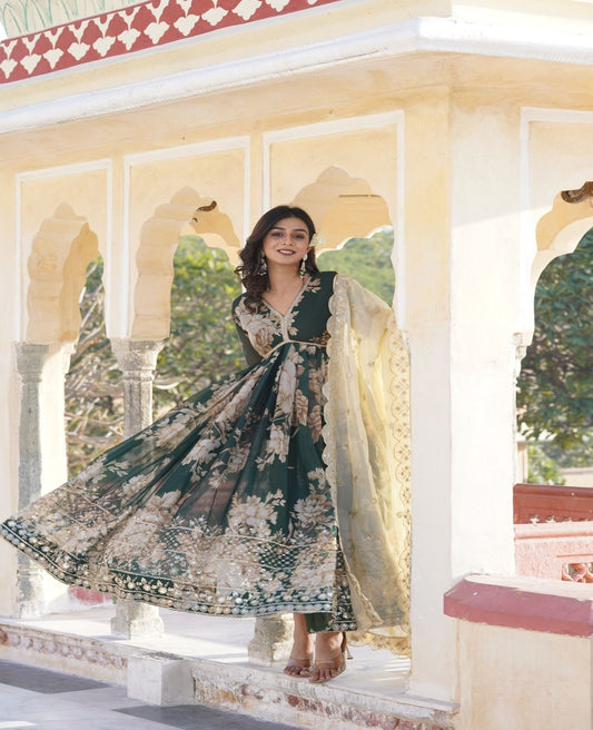 Forest Green Russian Silk Printed Gown - Shopaholics Choice